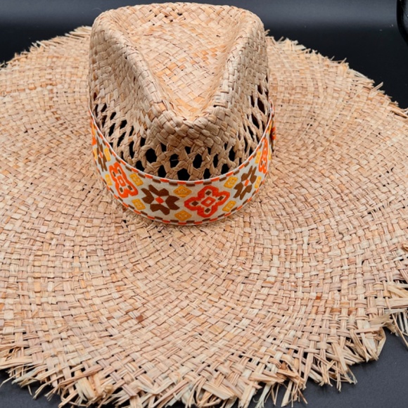 Accessories - Santo Domingo Distressed brim Style Straw Hat orange headband NWOT